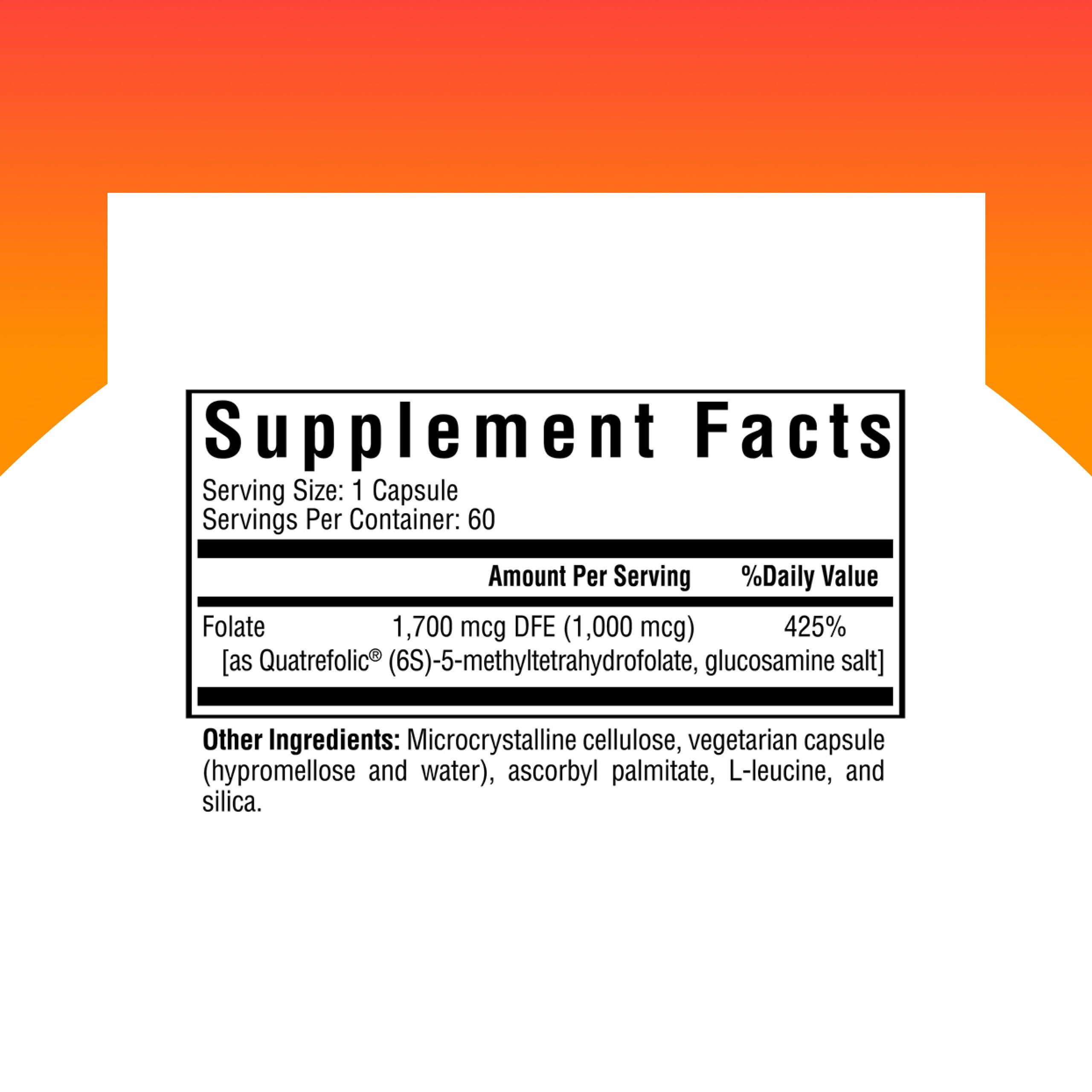 Bottle of Seeking Health L-Methylfolate 1mg 60 capsules on white background