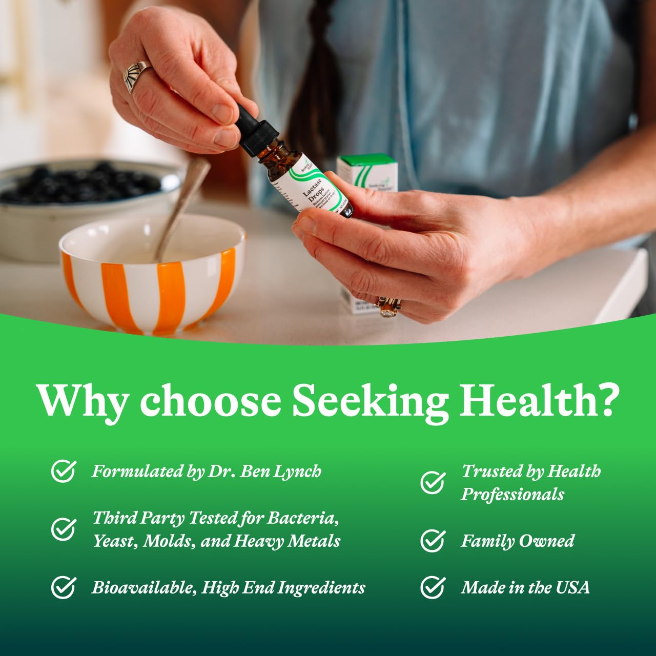 Ingredients list of Seeking Health Lactase Drops shows glycerin-based enzyme.