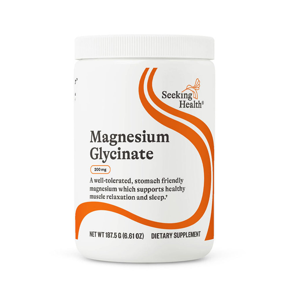 Seeking Health magnesium glycinate powder bottle showing 200 mg per serving
