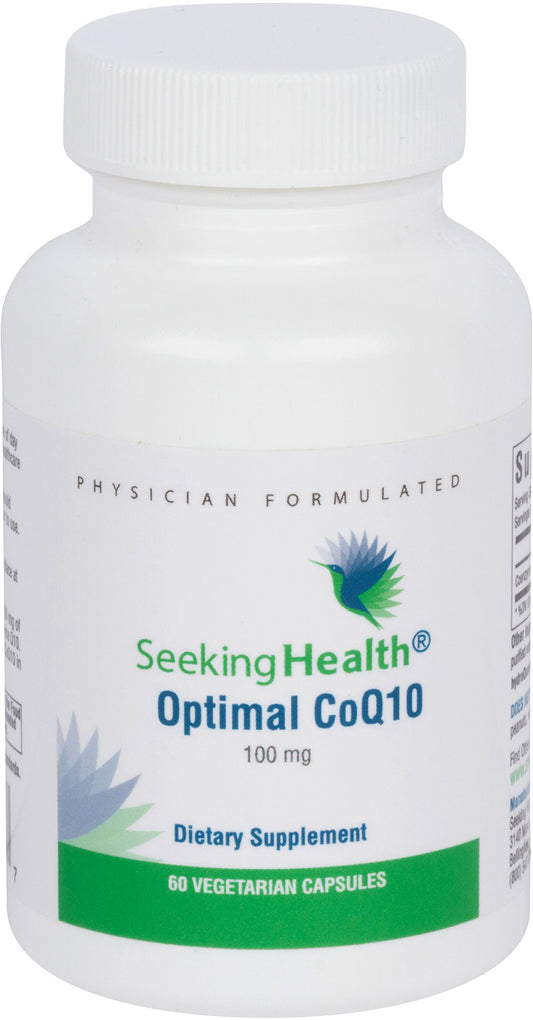 Sealed bottle of Seeking Health Optimal CoQ10 100 mg Coenzyme Q10 Supplement, 60 vegetarian capsules