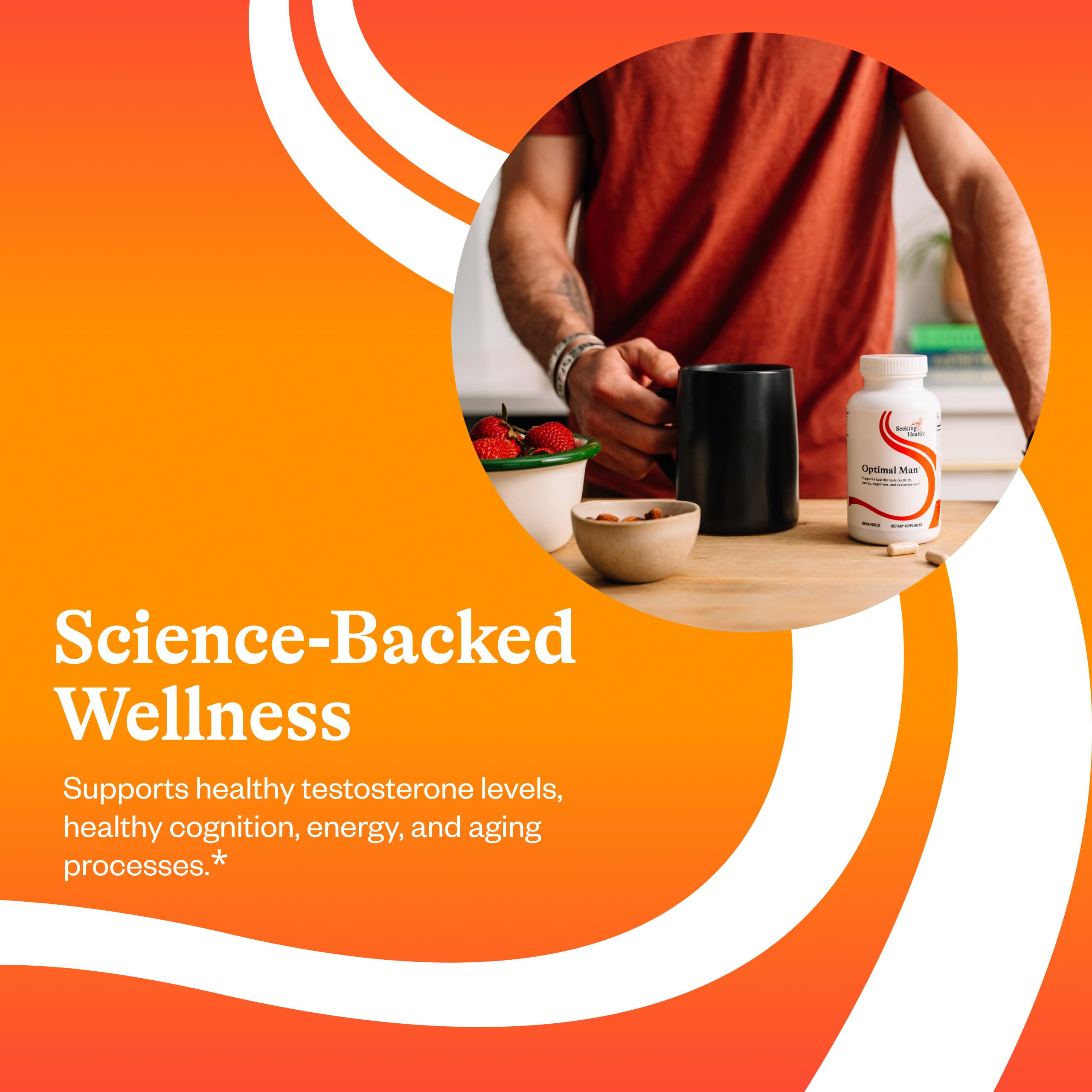 Seeking Health Optimal Man capsules on glass emphasize allergen-friendly energy support.
