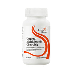 Seeking Health Optimal Multivitamin Chewable bottle and tablets on white background