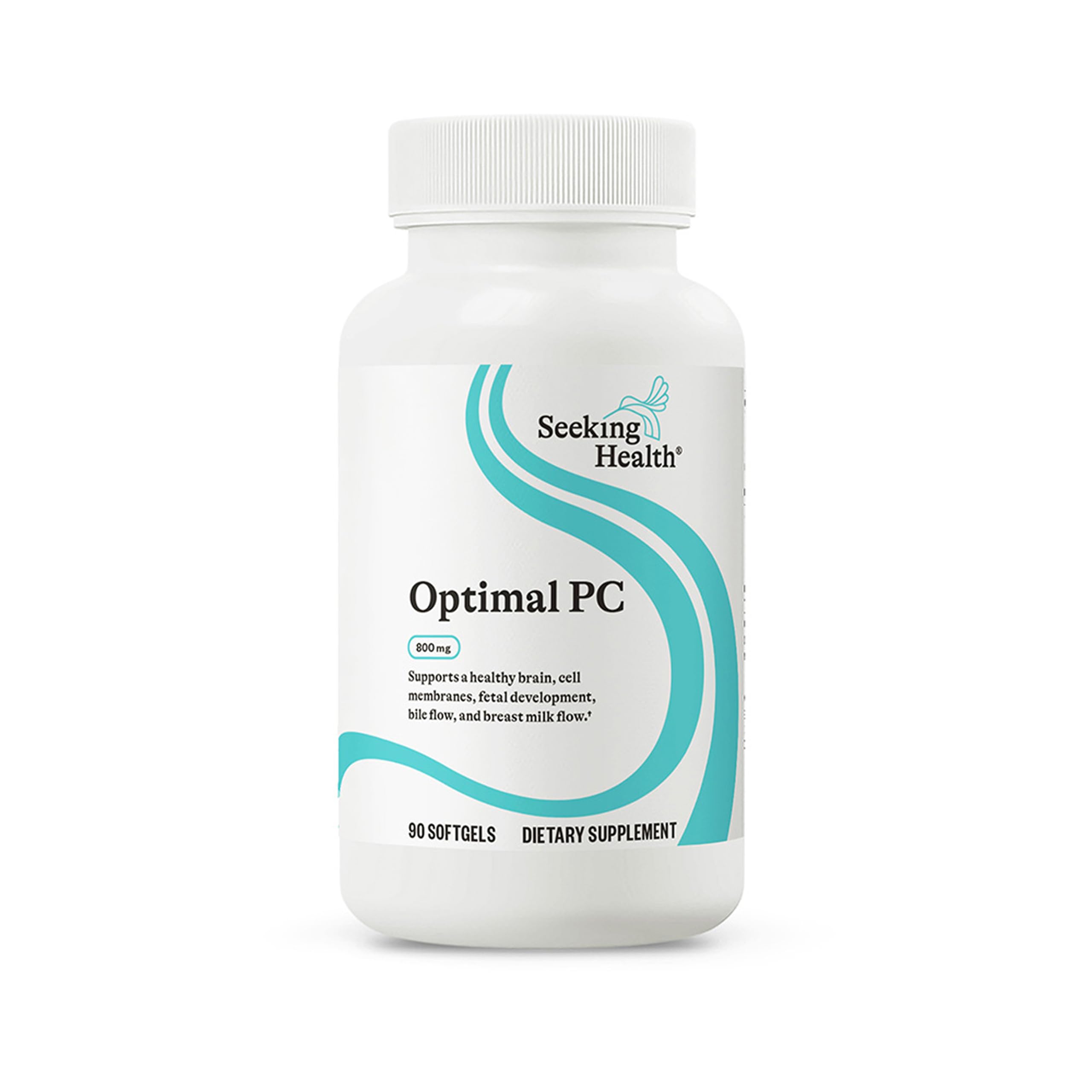 Seeking Health Optimal PC bottle close-up highlighting choline-rich formula for brain support.