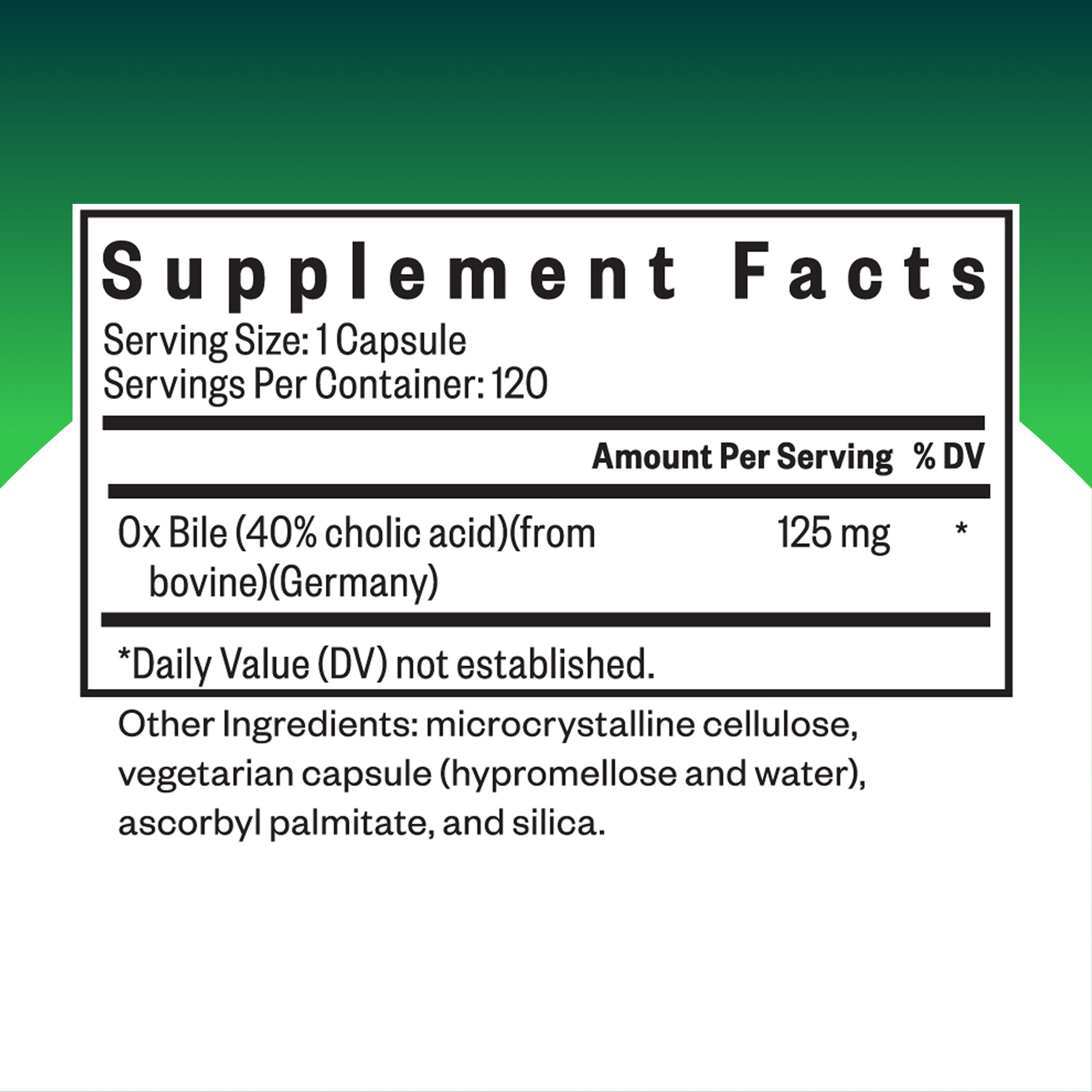 Ox Bile 125 mg label close-up