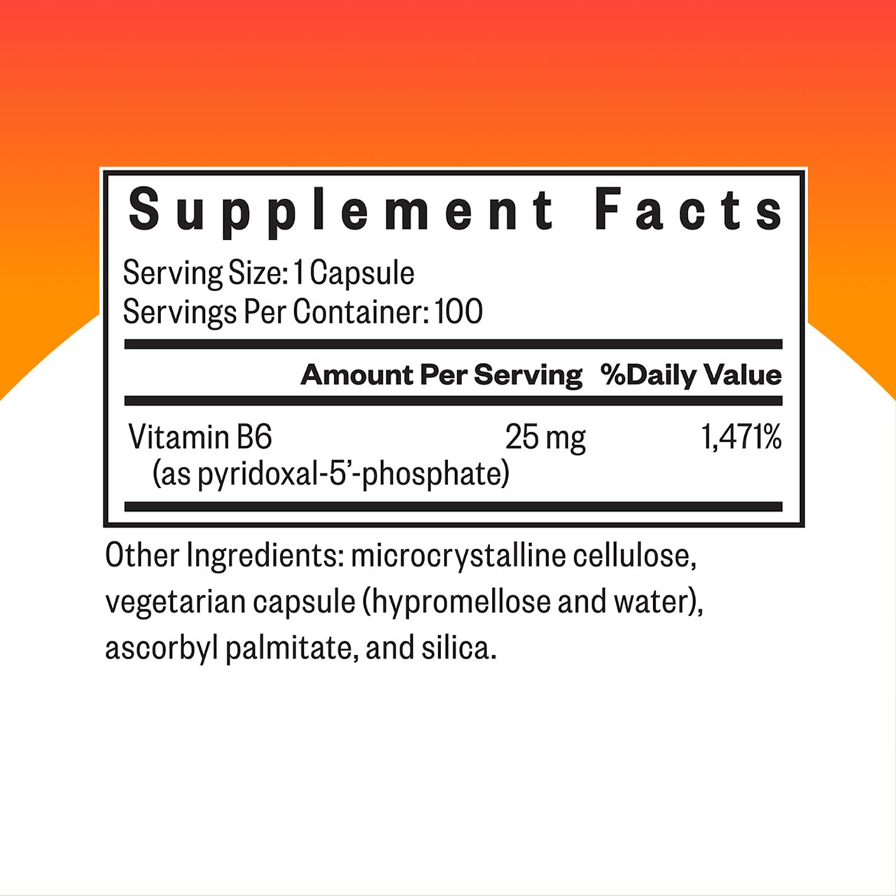 Vegetarian capsules form of P-5-P vitamin B6-25 for metabolism support