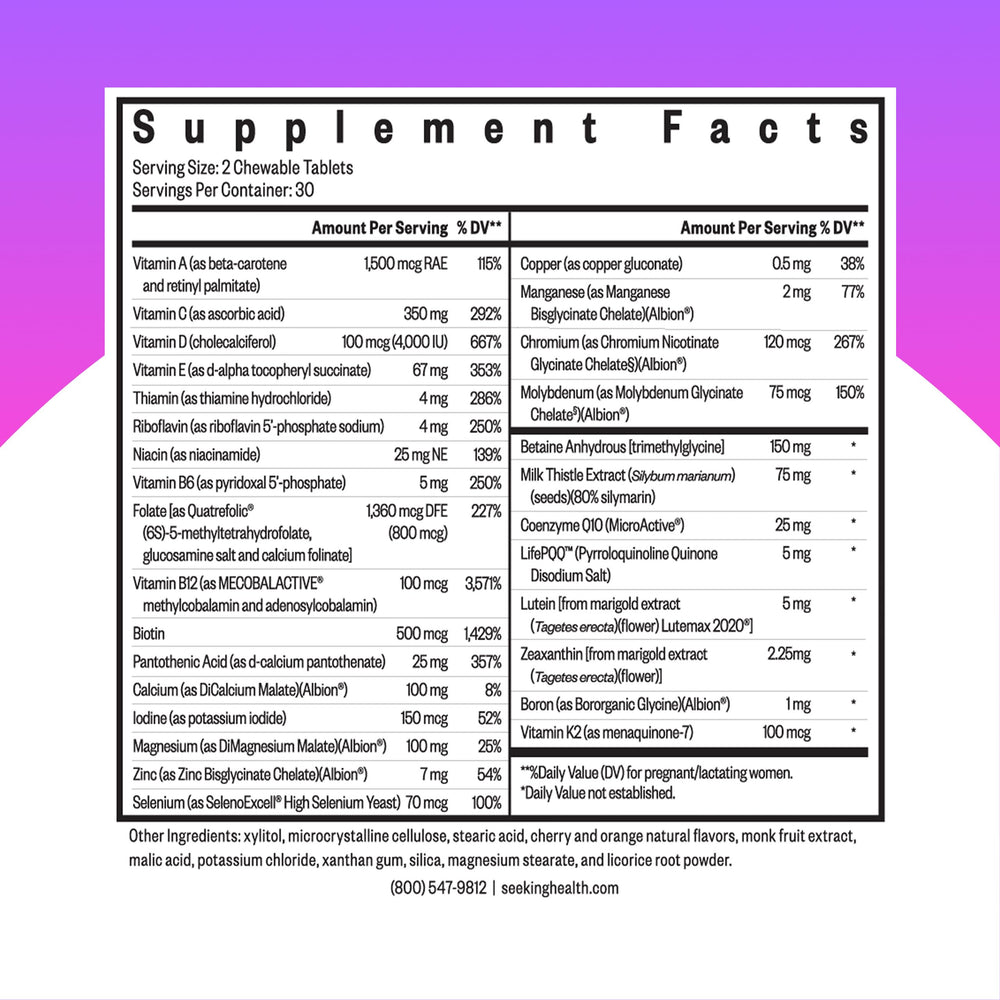 Close-up of chewable prenatal vitamin tablets