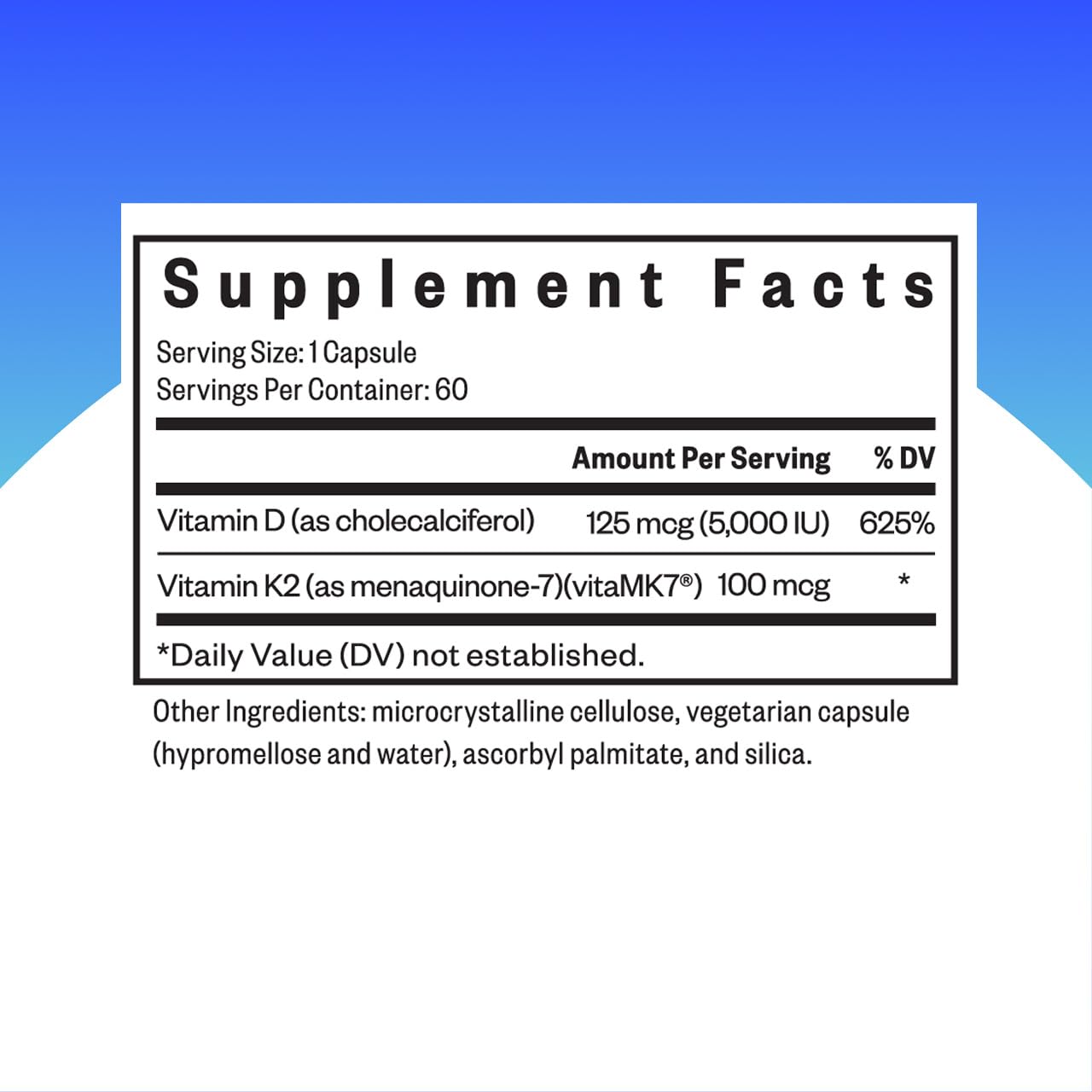 Close-up of bottle label showing 5,000 IU D3 and 100 mcg K2