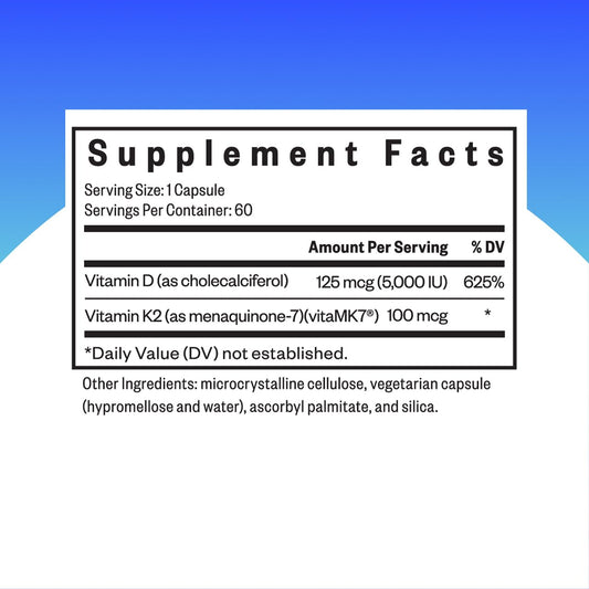 Close-up of bottle label showing 5,000 IU D3 and 100 mcg K2
