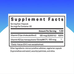 Close-up of bottle label showing 5,000 IU D3 and 100 mcg K2