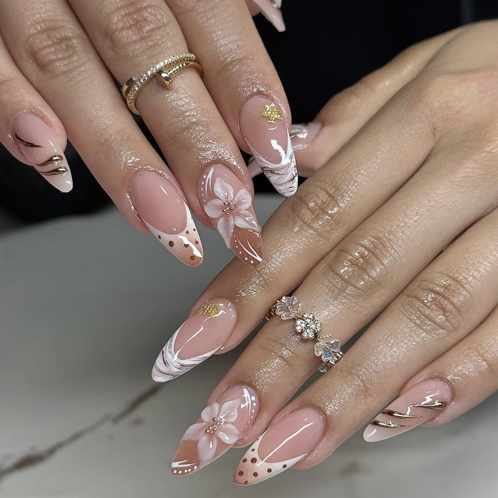 SEENEEY almond press-on nails long brown with 3D floral design for an easy home manicure