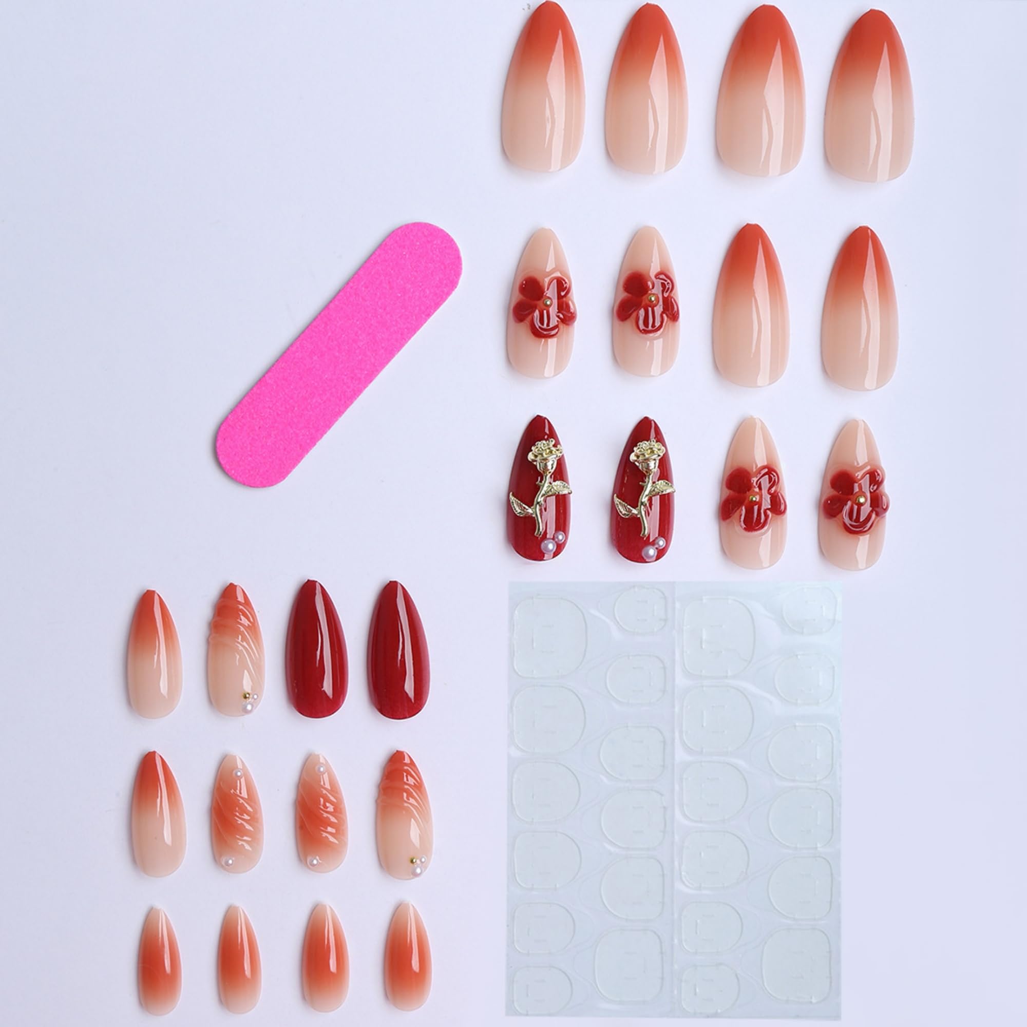 SEENEEY almond nails showing red gold floral accent for a chic everyday look.