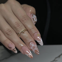 SEENEEY brown almond nails with 3D florals for at-home salon look