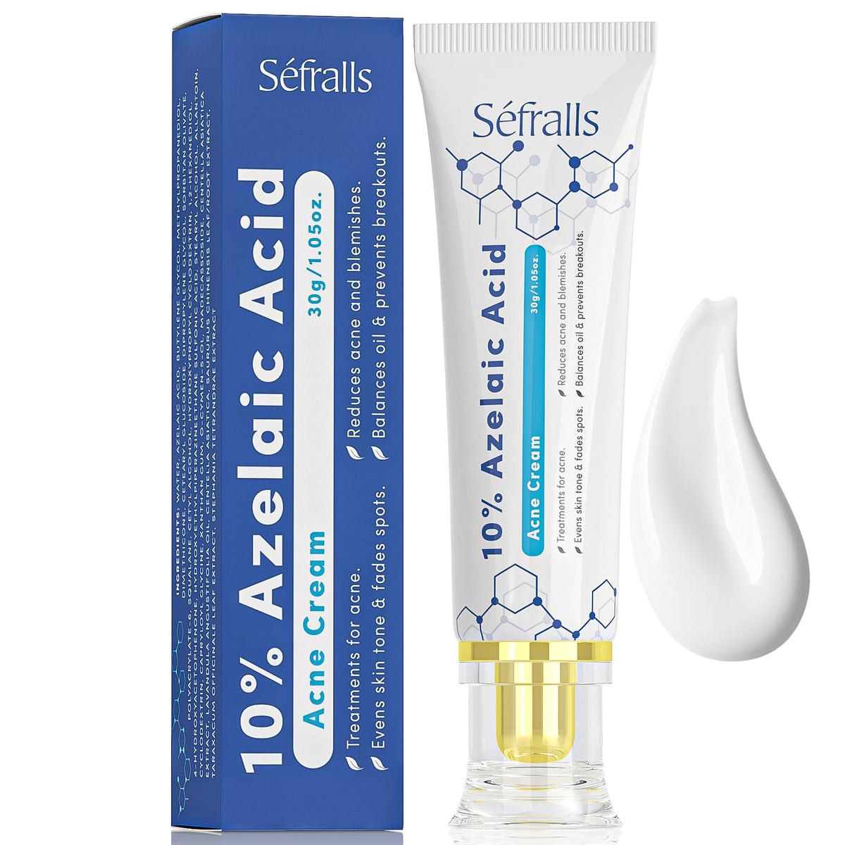 Sefralls 10% Azelaic Acid Cream bottle suggests redness relief and balanced skin tone.
