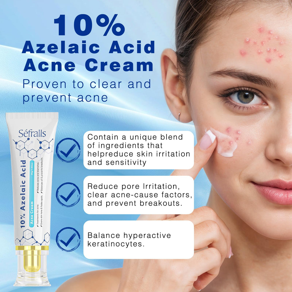 Sefralls azelaic acid cream label close-up highlights active ingredients and tone-evening potential.