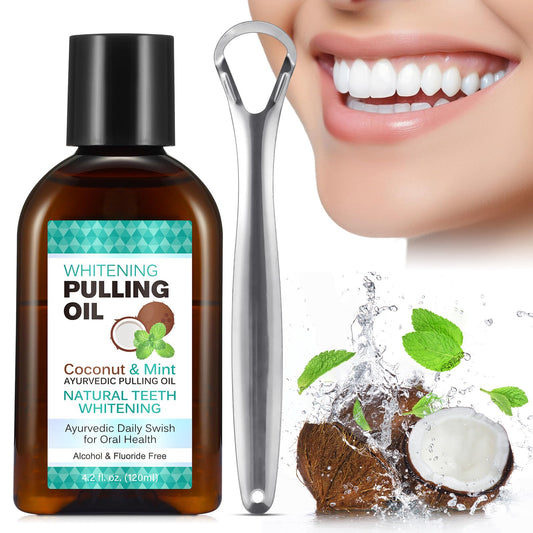 Sefudun Coconut Pulling Oil 4.2 oz with Tongue Scraper and Measuring Cup