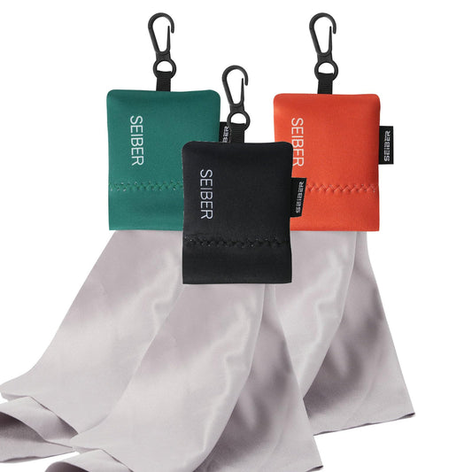 SEIBER microfiber cloth with black neoprene pouch (7x7 inches) - front view