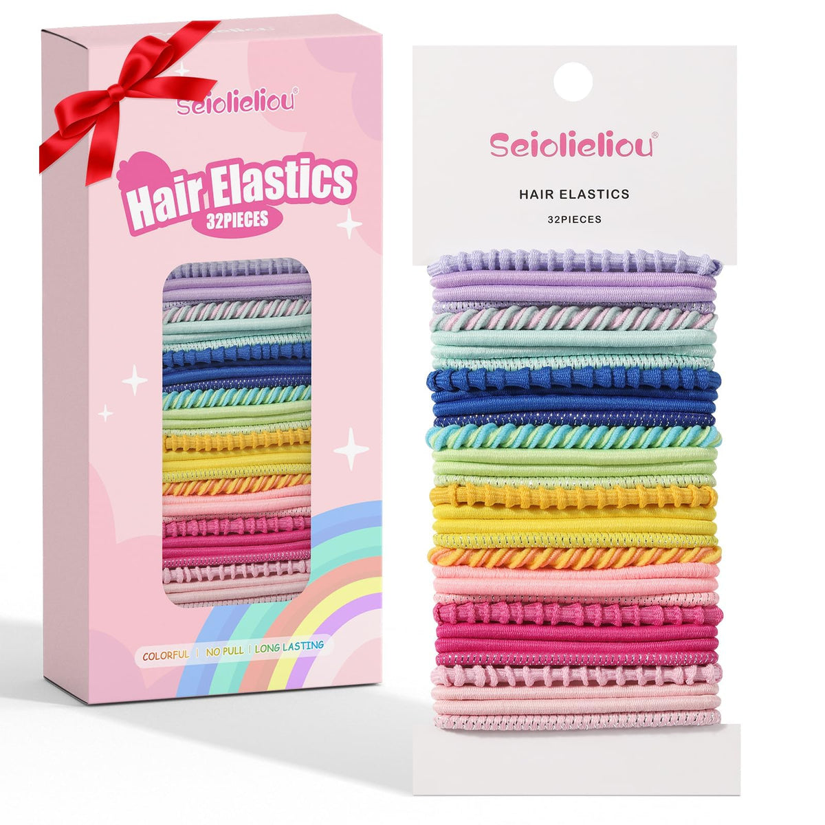 Seiolieliou 32-pcs hair ties in colorful gift box, ideal for gifting.