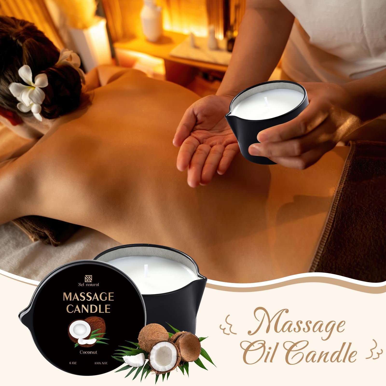 Sel Natural coconut massage candle melts into hydrating oil for skin softness
