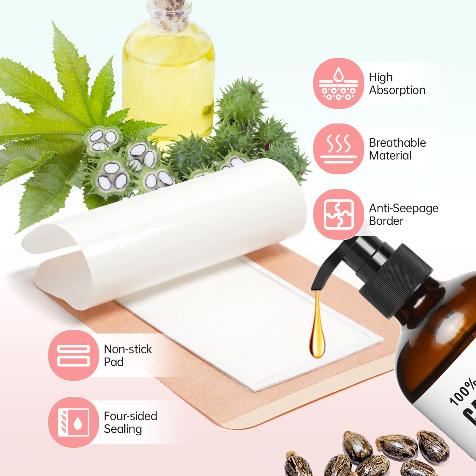 Self-adhesive cotton castor oil patches close-up