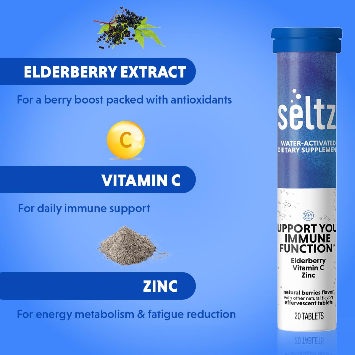 Back view of Seltz Berry Immune Support package label