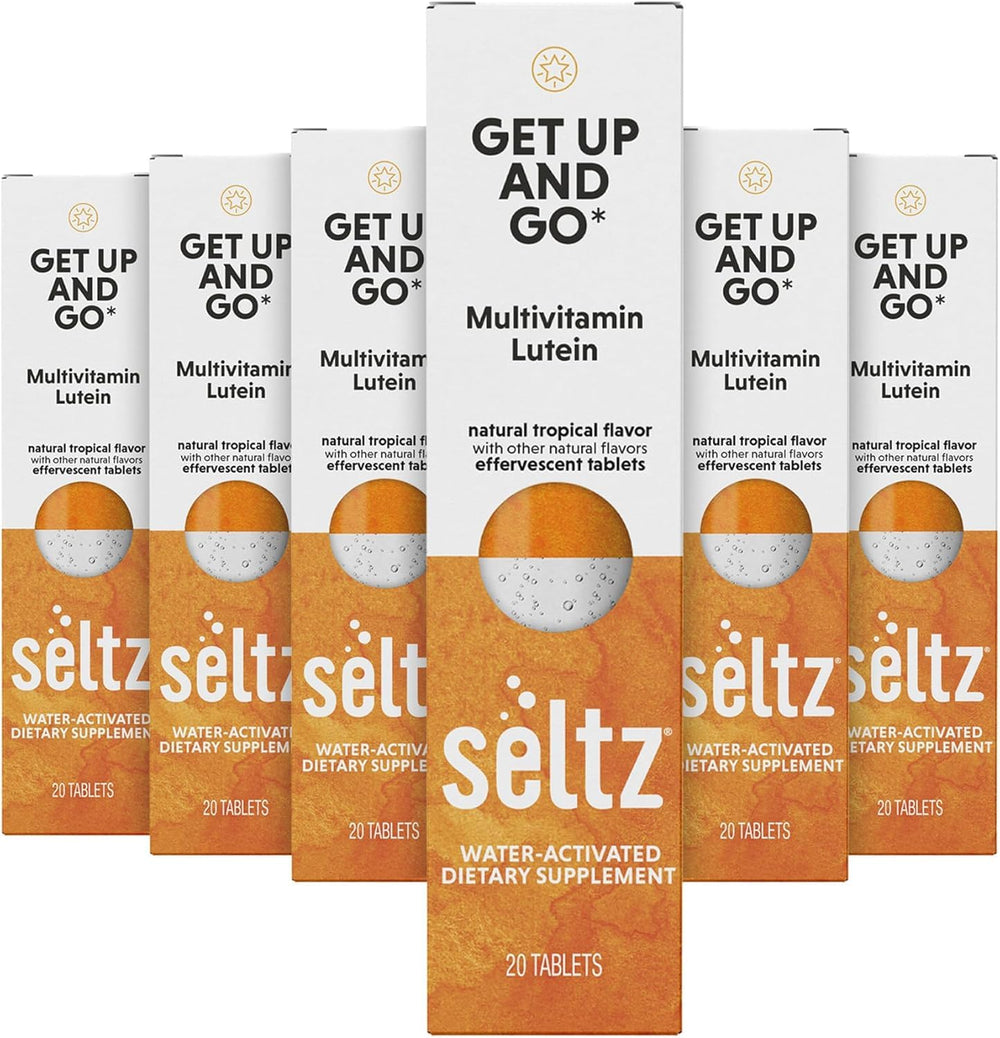 Product image: Seltz Get Up and Go tropical flavor effervescent tablet dissolving in water