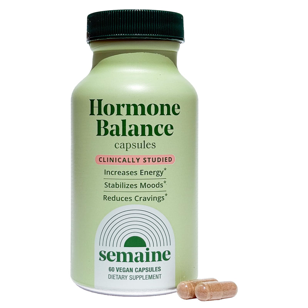 Semaine Daily Hormone Balance bottle front highlights hormone support for clearer skin and balanced mood