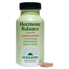 Semaine Daily Hormone Balance bottle front highlights hormone support for clearer skin and balanced mood
