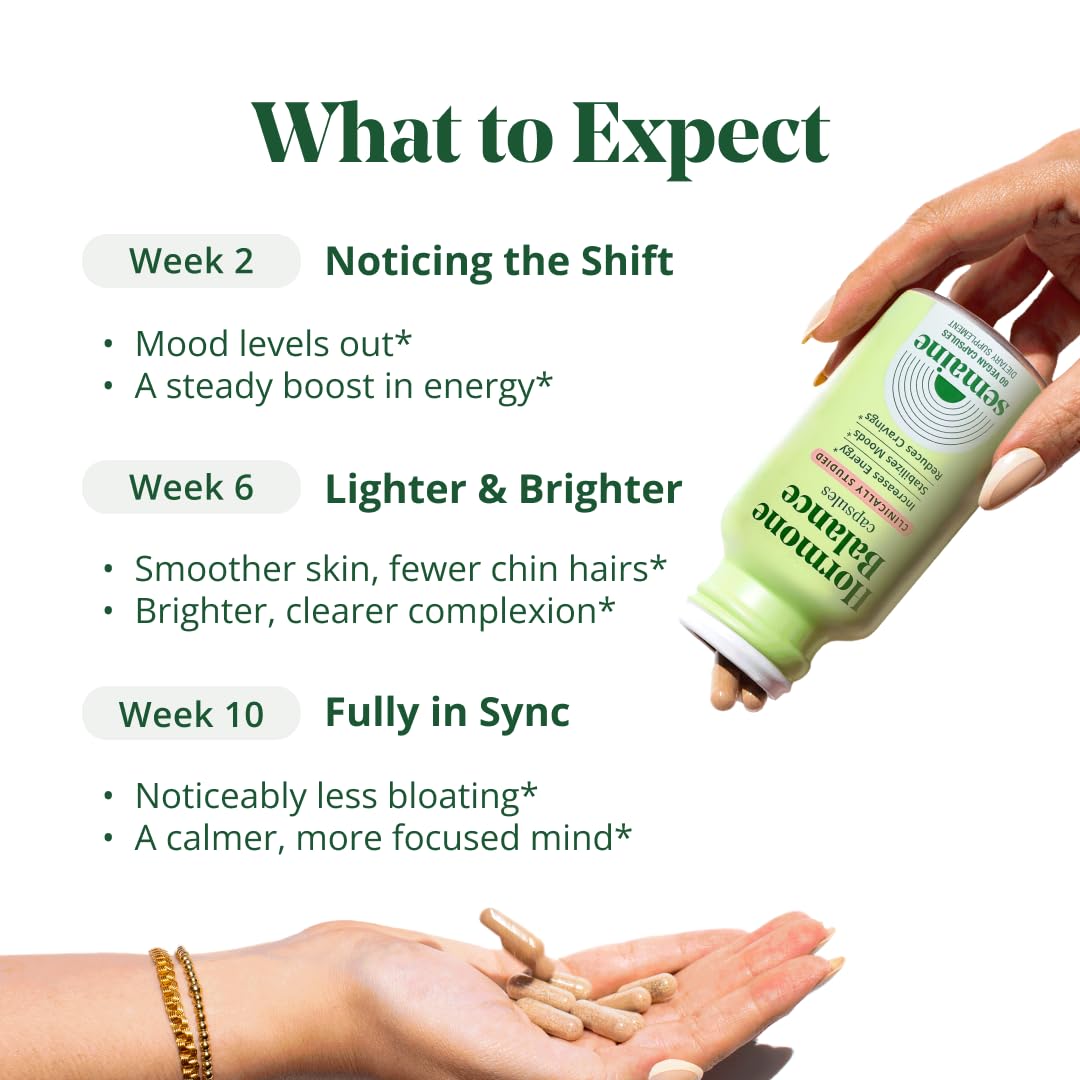 Semaine Daily Hormone Balance vegan capsules close-up shows clean formula for daily mood support