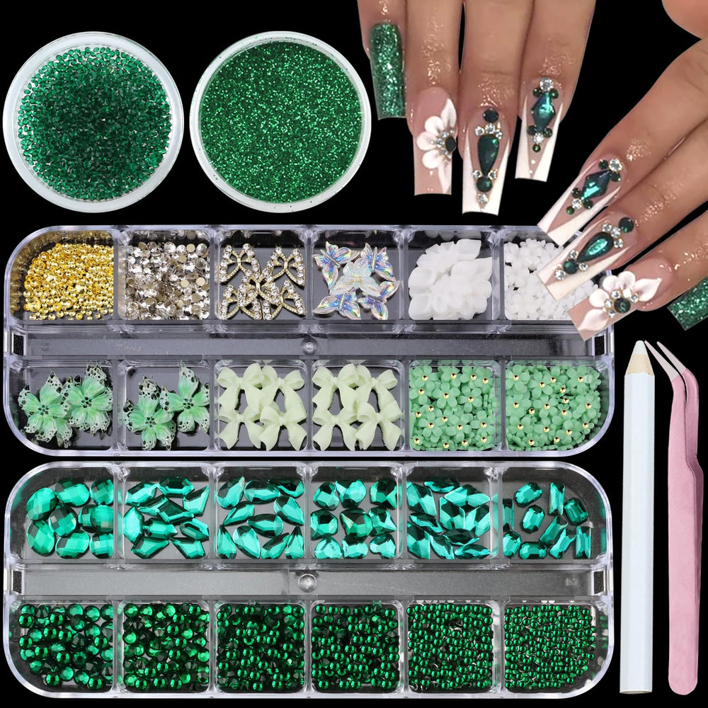 SEMATA Bow Flower charms with green rhinestones for elegant DIY manicures.