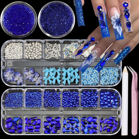 SEMATA Bow nail charms with blue rhinestones for elegant at-home nail art.