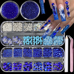 SEMATA Bow nail charms with blue rhinestones for elegant at-home nail art.