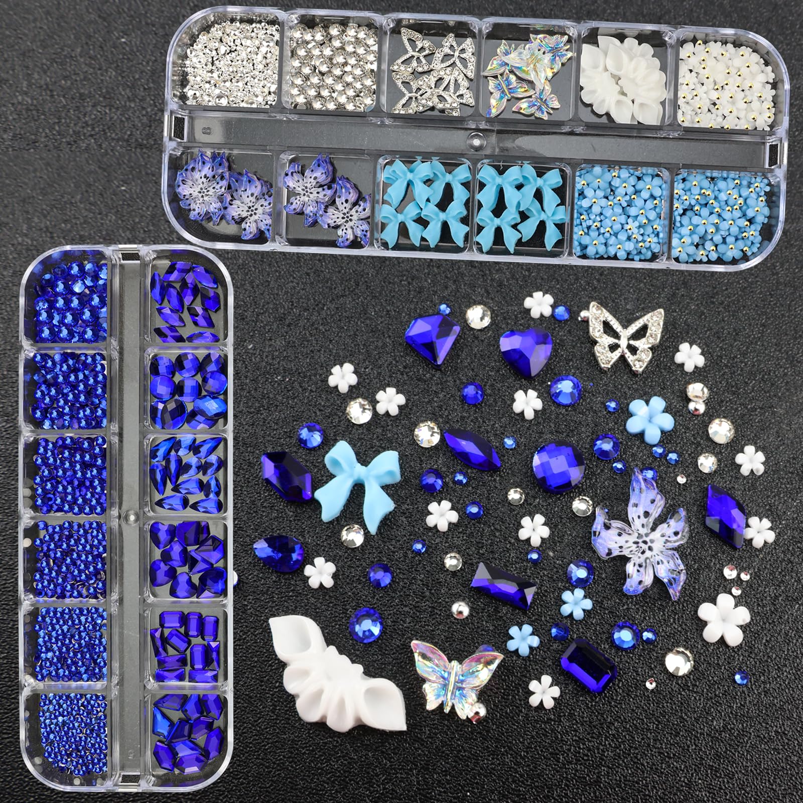 SEMATA Flower nail charms with blue rhinestones enhance DIY manicure designs.