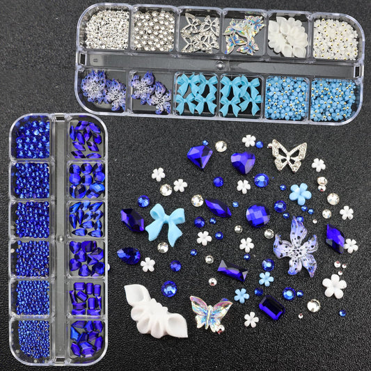 SEMATA Flower nail charms with blue rhinestones enhance DIY manicure designs.