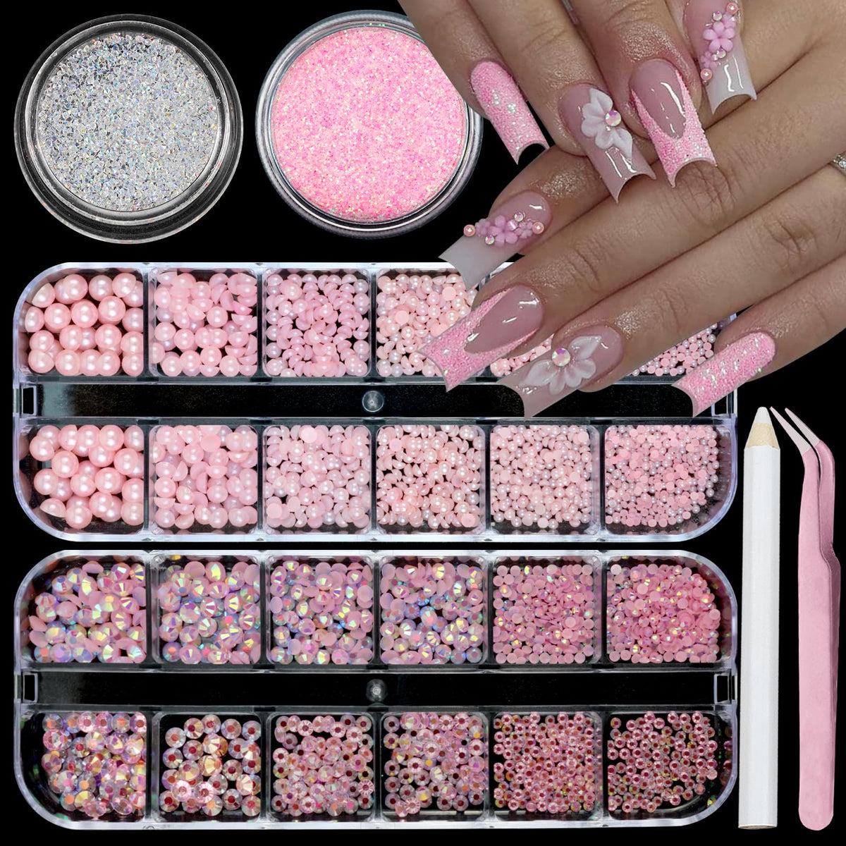 SEMATA nail art charms pink flatback kit for easy at-home salon-style nails.