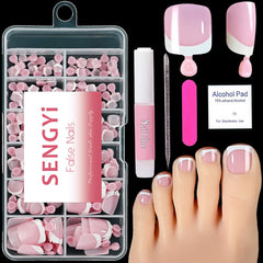 SENGYi French-tip press-on toe nails for pink and white home pedicure.