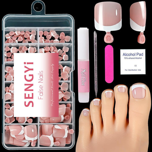 SENGYi press-on toenails in French tip design for quick at-home pedicure.