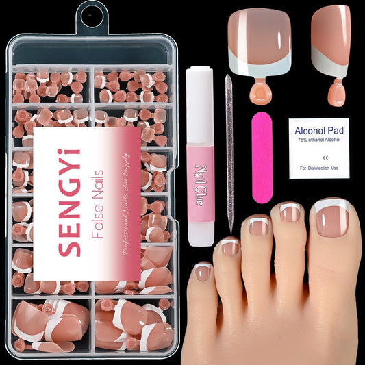 SENGYi press-on toenails with French tip, square shape for quick, elegant pedicure.