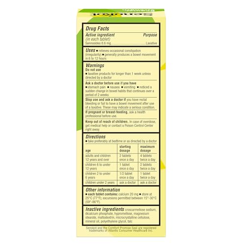 Senokot Regular Strength tablets close-up emphasizes gentle bowel movement support