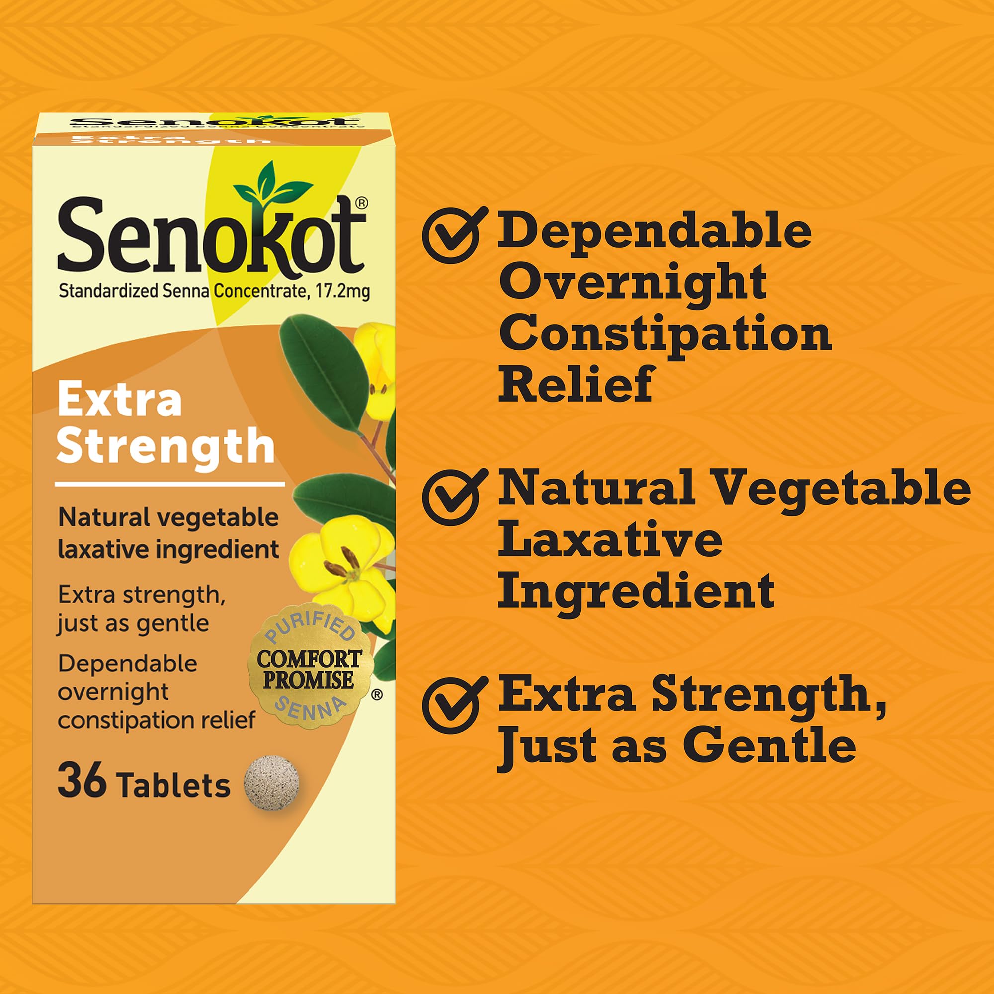 Senokot tablets being swallowed with water highlights easy-to-swallow bedtime use.