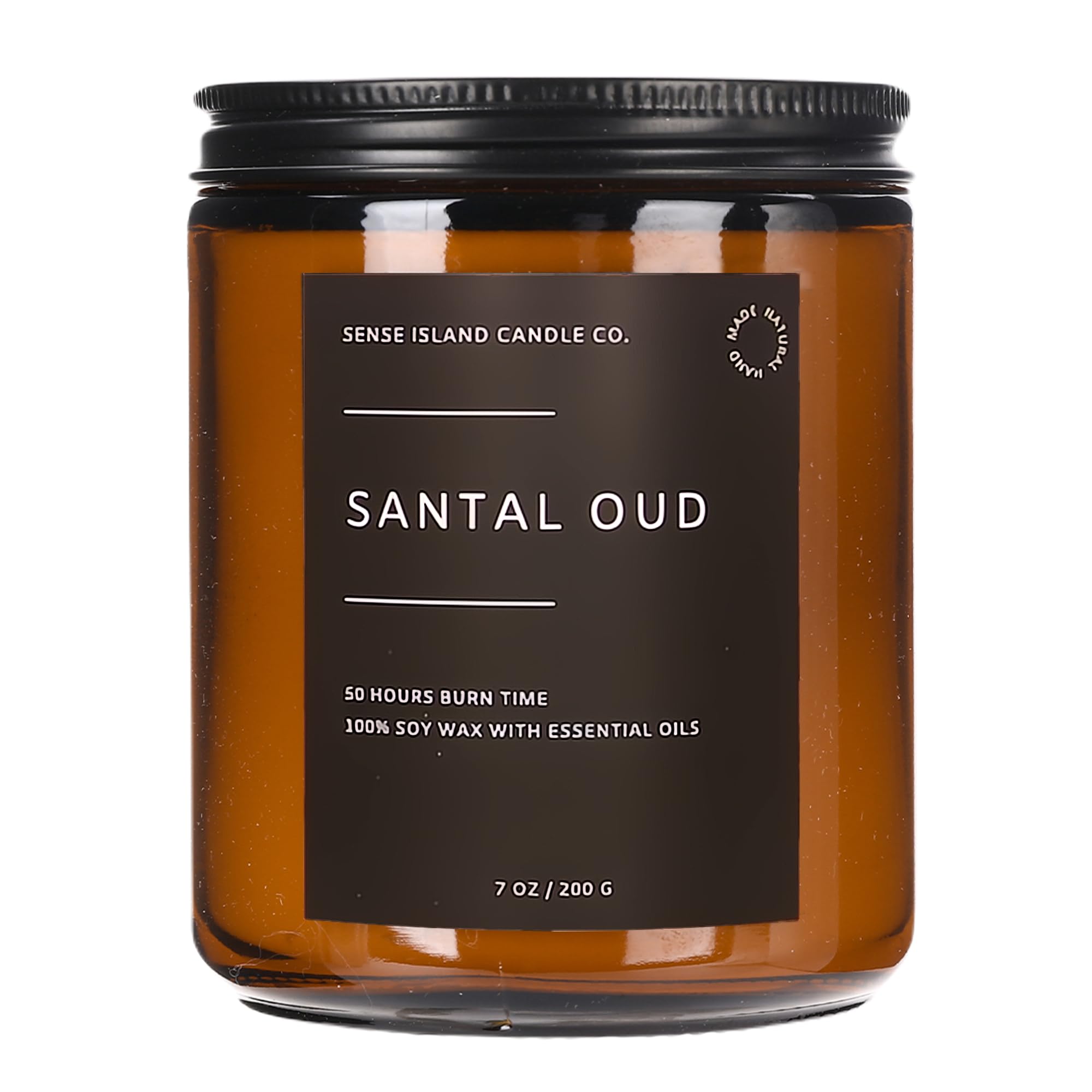 Sense Island Santal Oud candle front view in 7oz amber jar