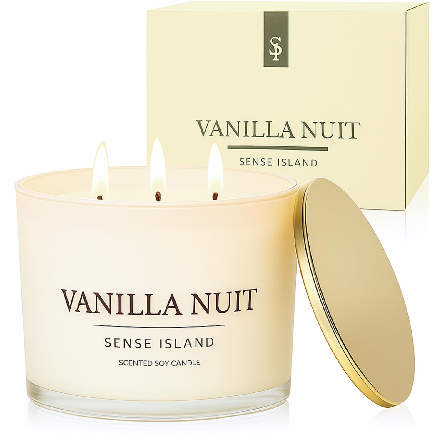 Sense Island Vanilla Nuit 3-Wick candle close-up with gold lid for premium ambiance.