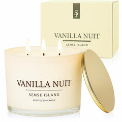 Sense Island Vanilla Nuit 3-Wick candle close-up with gold lid for premium ambiance.