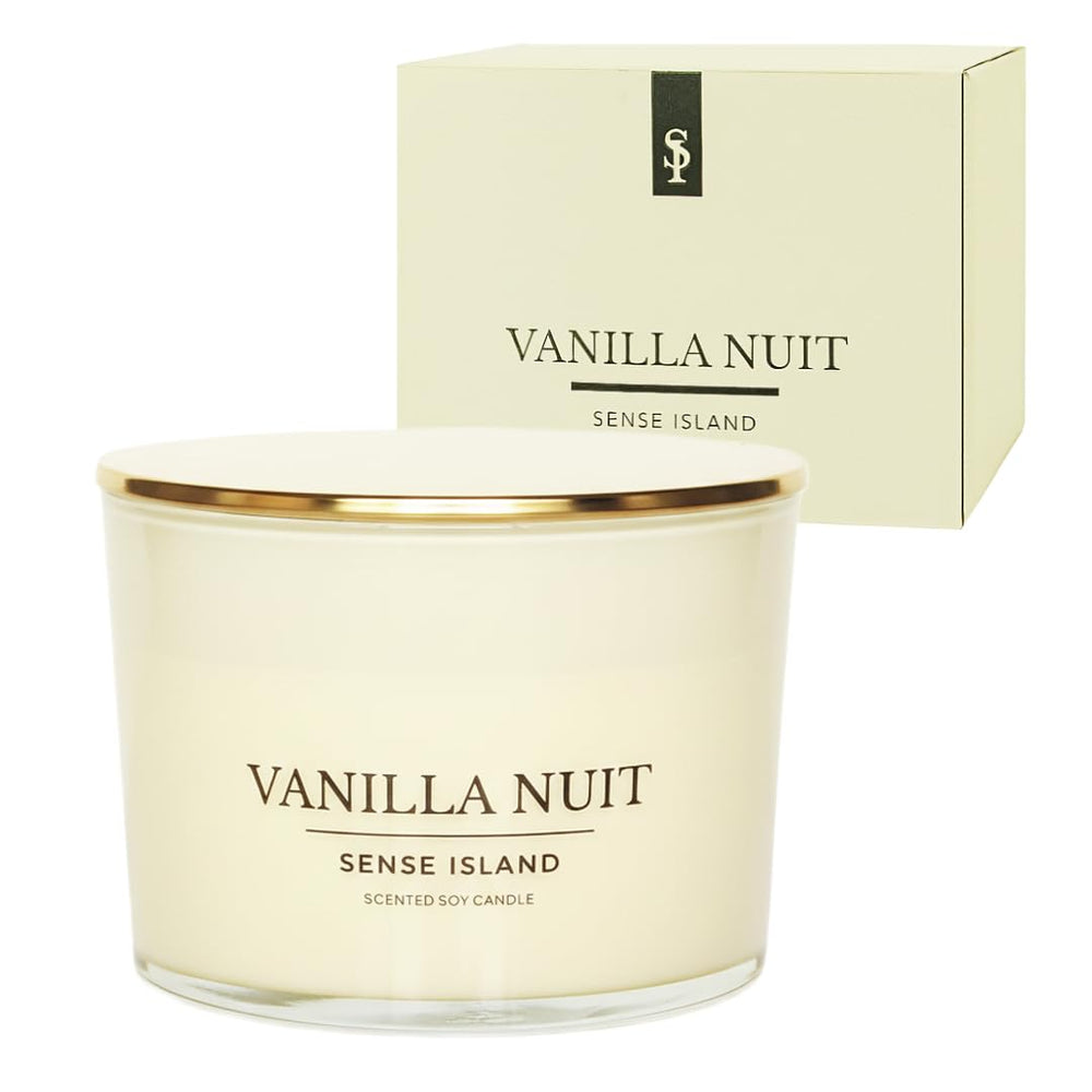 Sense Island Vanilla Nuit 3-Wick packaging signals gift-ready luxury for holidays.