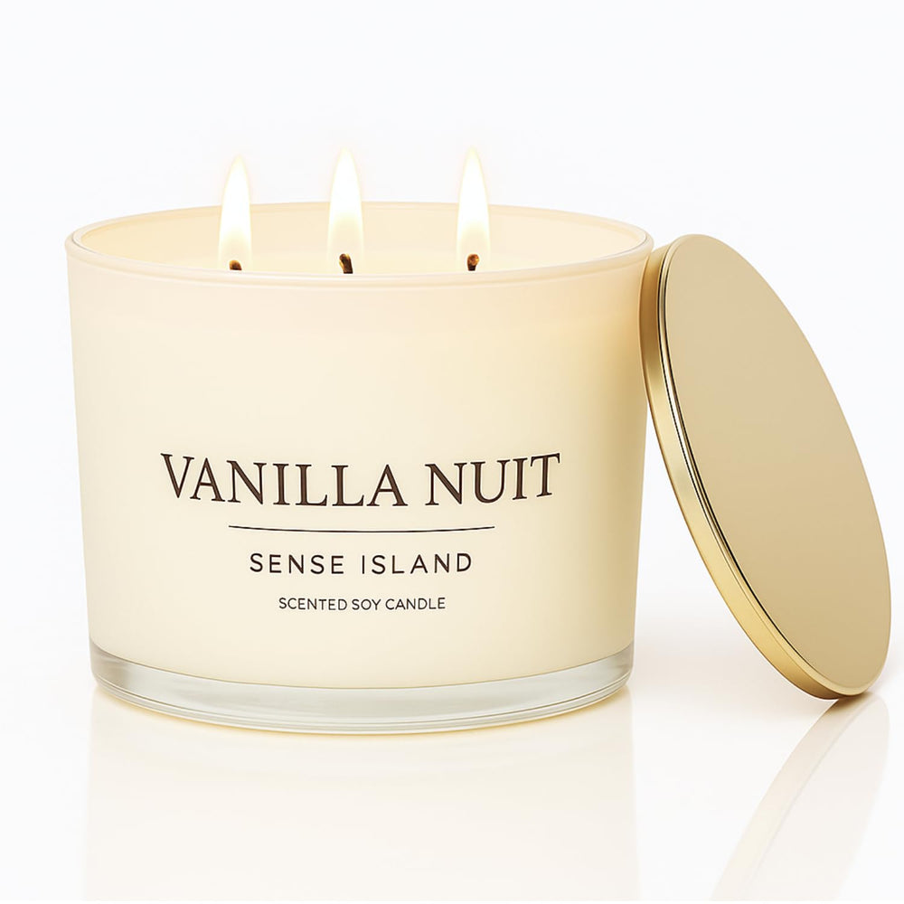 Sense Island Vanilla Nuit 3-Wick on display adds warm mood to living spaces.