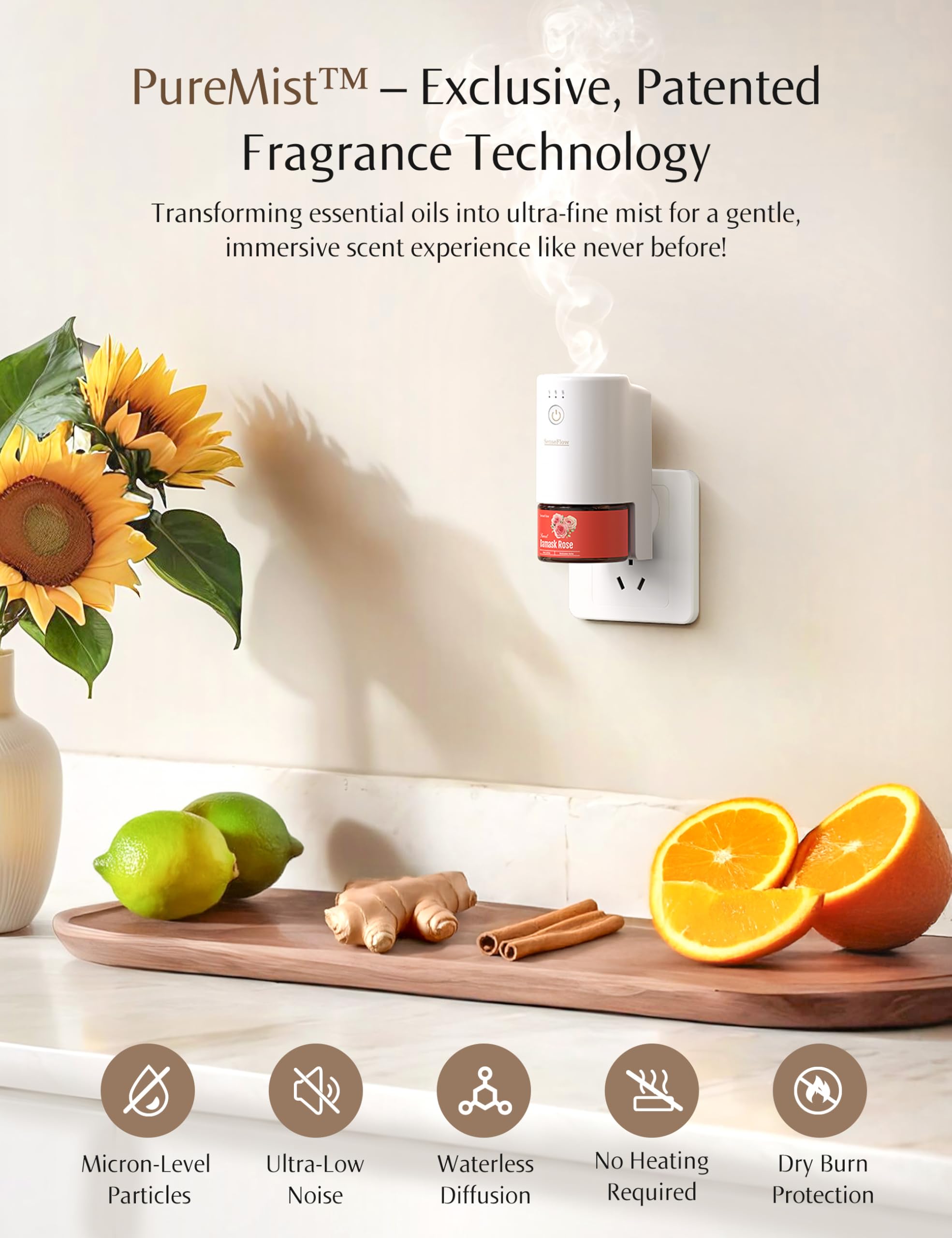 SenseFlow SF101S app control interface enables four fragrance levels and scheduling.