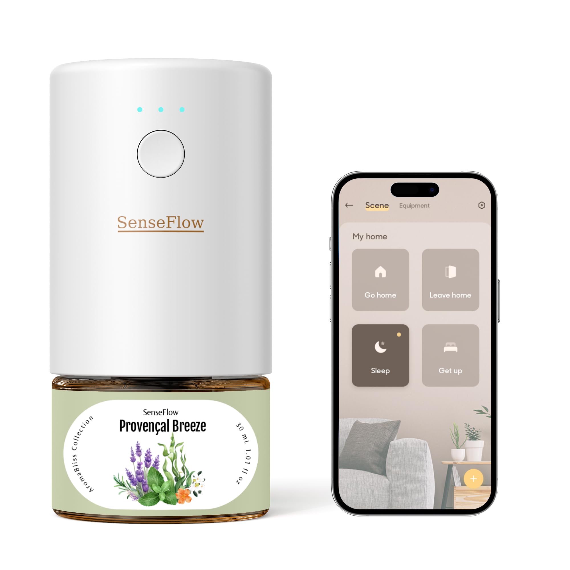 SenseFlow SF101S diffuser plugged in for continuous, waterless fragrance in the living room.