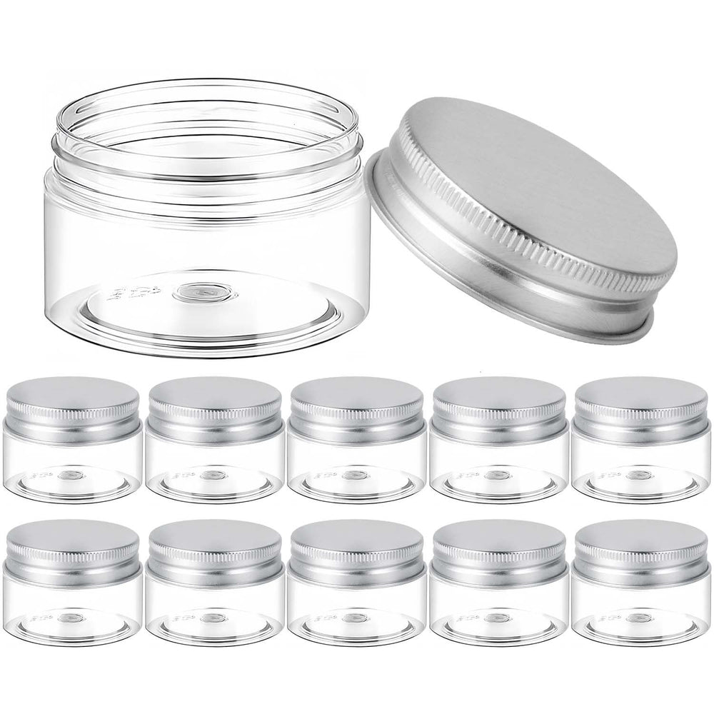 SenseYo 1oz plastic cream jar close-up with silver lid, travel-ready and secure.