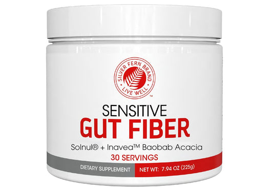 Sensitive Gut Fiber Supplement tub showing 30 scoops for a 30-day supply
