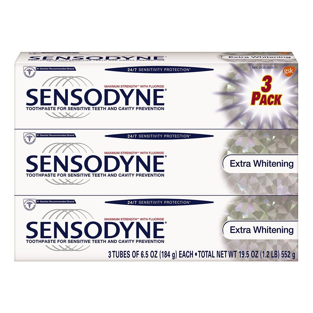 Front view of Sensodyne 24/7 Sensitivity Protection Extra Whitening Toothpaste 6.5 oz pack of 3