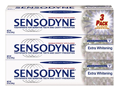 Close-up of Sensodyne toothpaste tube displaying whitening formula